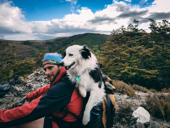 Man en hond zittend op de grond in een bergachtig landschap.