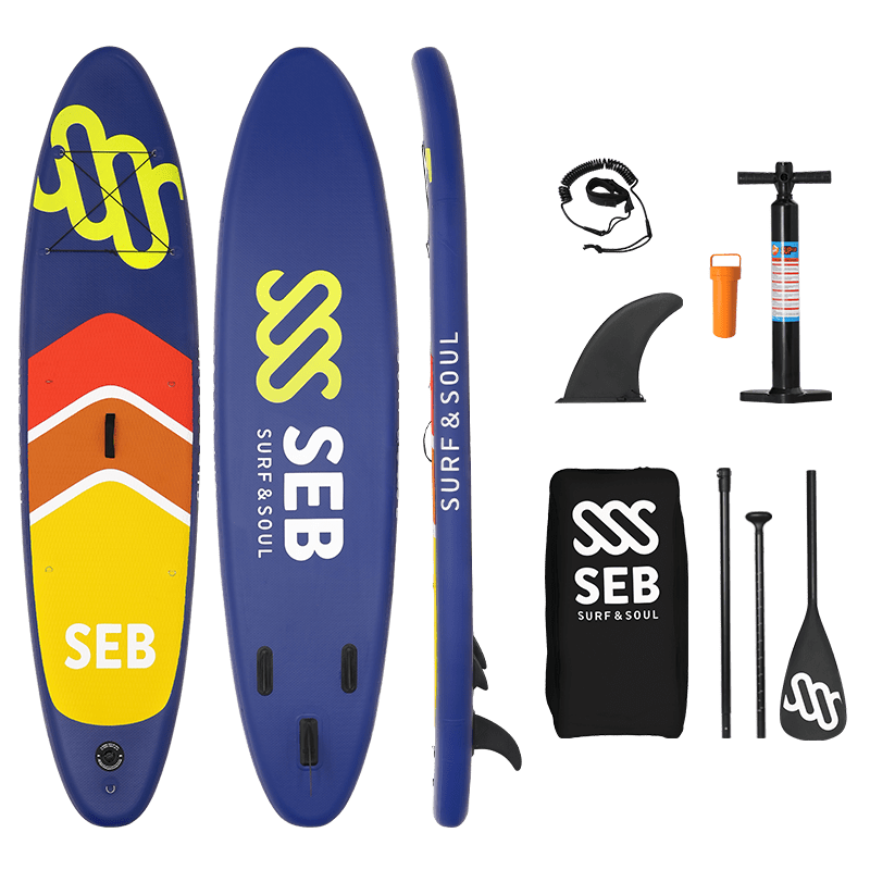 De SEB SUP Navy - Neon Yellow inclusief de bijbehorende accessoires.