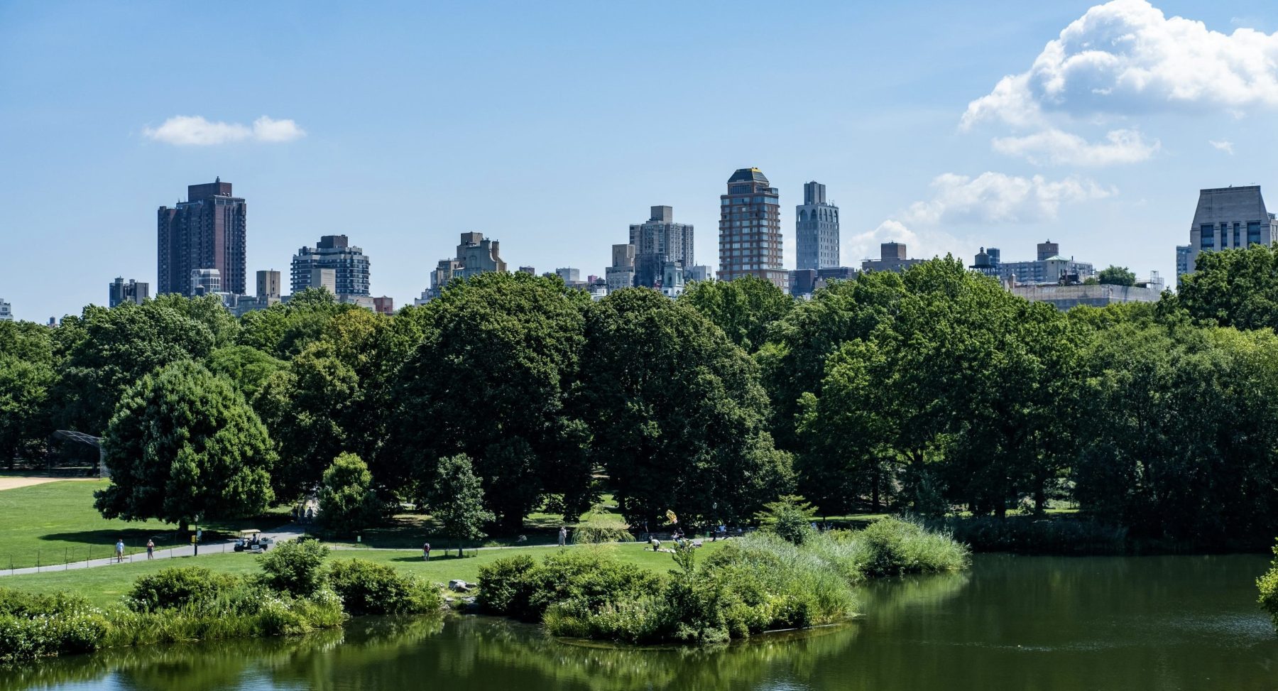Een uitzicht op Central Park met hoge gebouwen op de achtergrond.