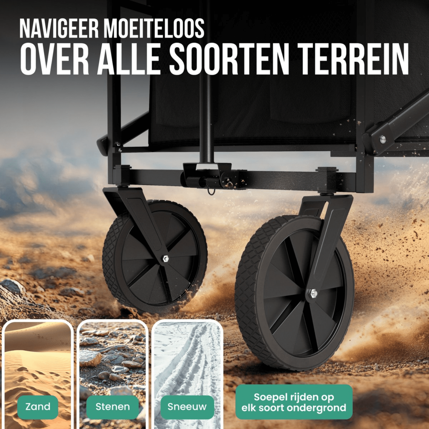 De Avalo bolderwagen naast alle terreinen waar hij over kan rijden.