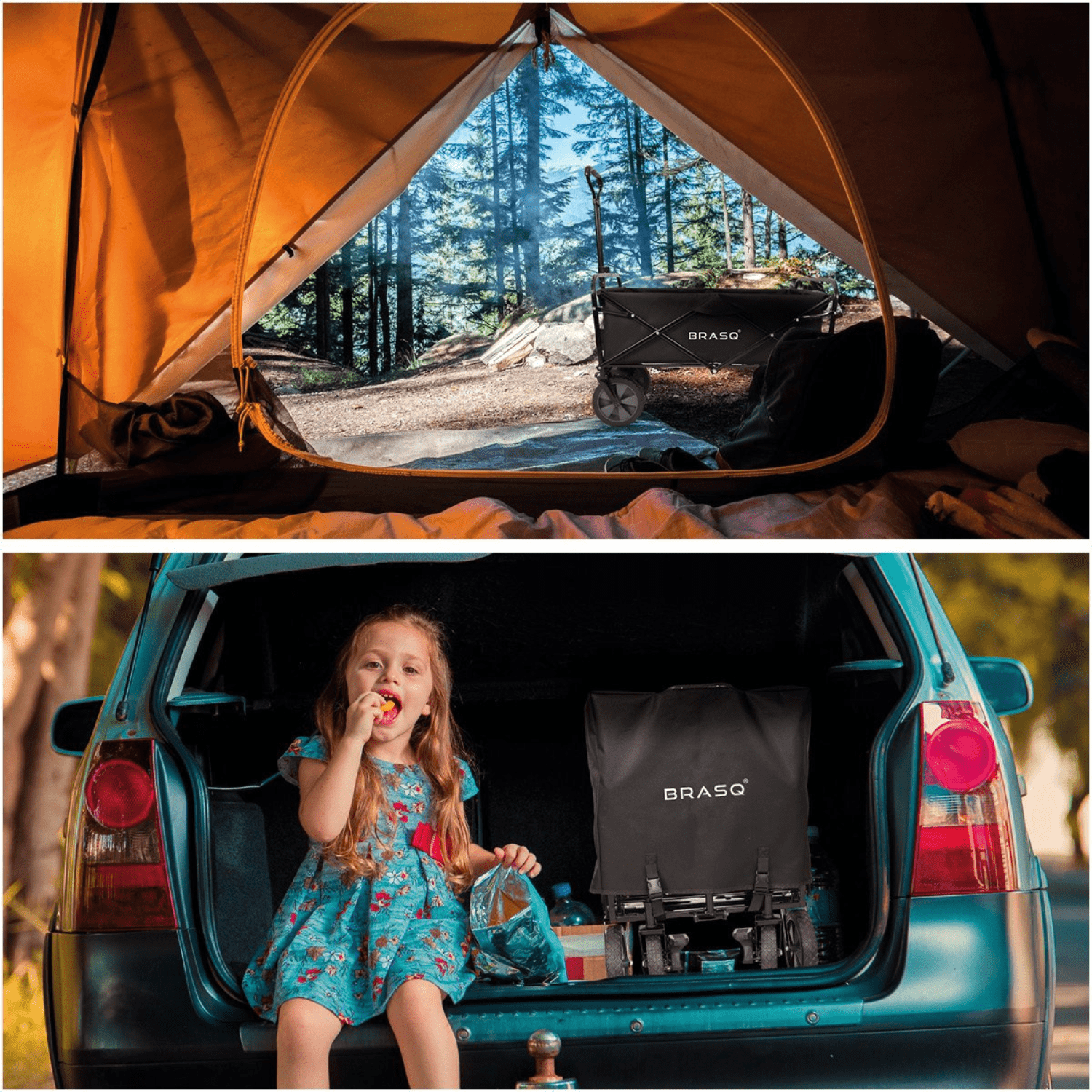 De BRASQ Bolderkar in verschillende outdoorsituaties.