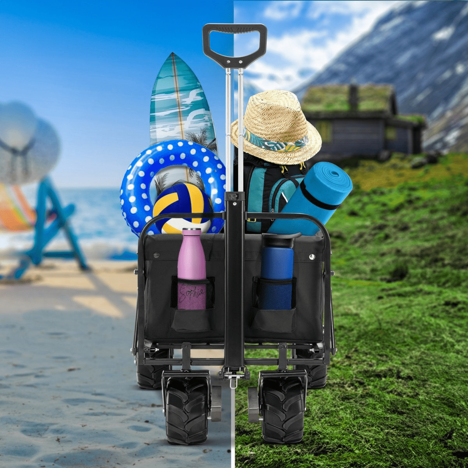 De NOHRD Bolderwagen in verschillende outdoorsituaties.