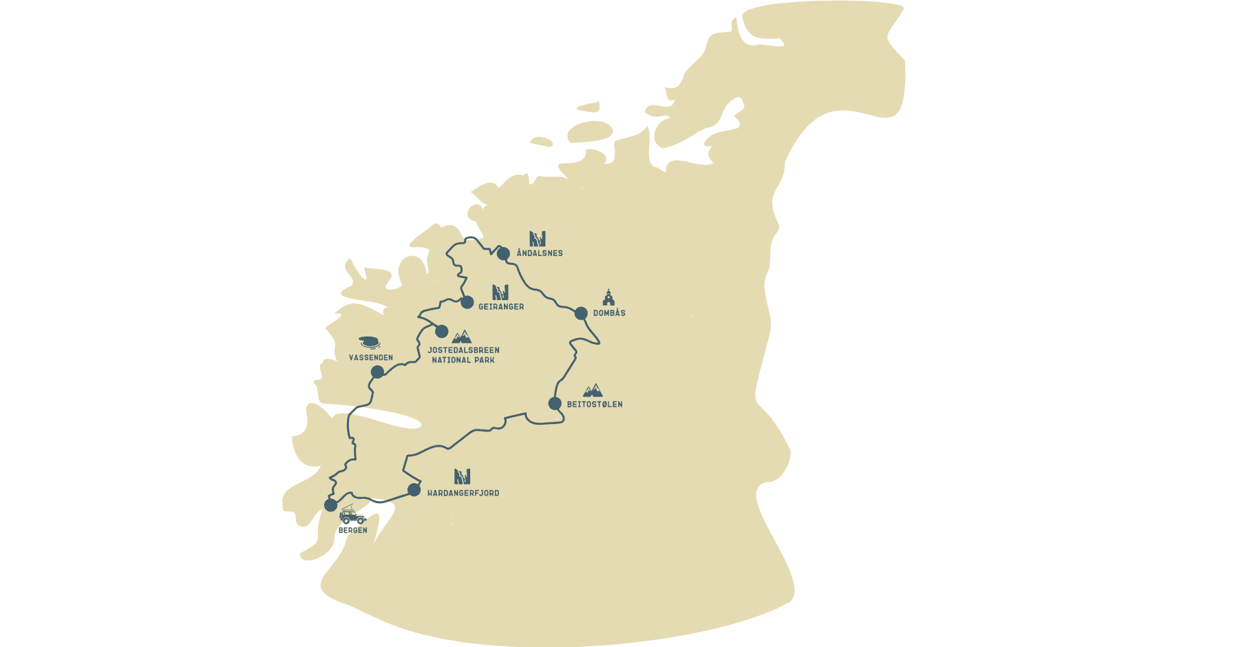 De route van Norway Nomads uitgestippeld op de landkaart van Noorwegen.